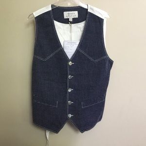 NWT RYAN MICHAEL navy white pin dot linen vest L
